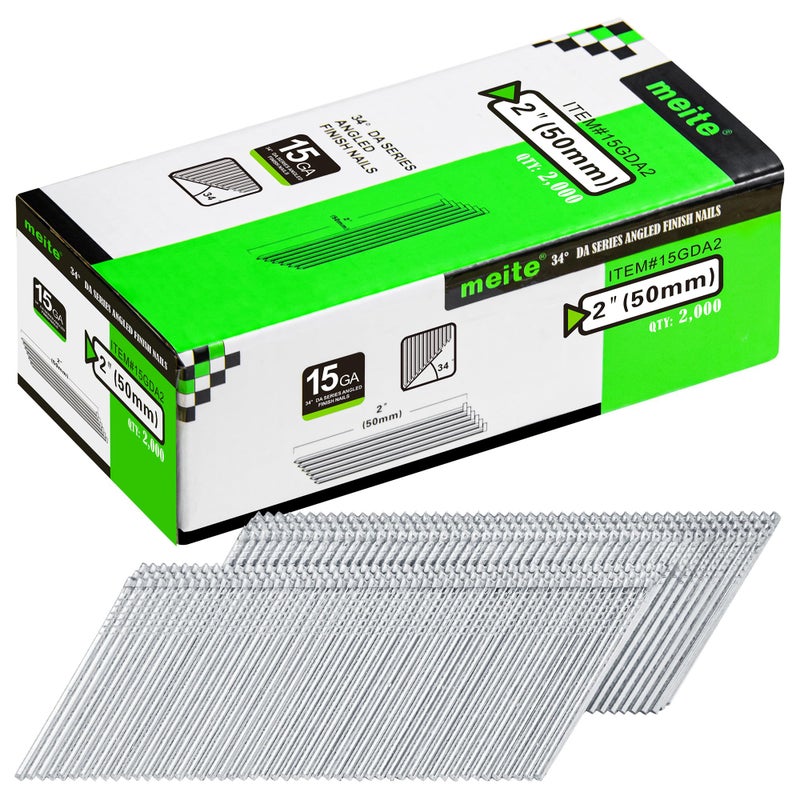 Meite مسامير إنهاء مائلة من ميتي 15 قياس، 2 إنش 34 درجة سلسلة DA مسامير إنهاء مجلفنة لبنادق المسامير - مثالية لتزيين النوافذ، وبناء الخزائن ومشاريع DIY الأخرى (2,000 قطعة) - Image 1